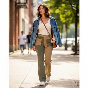 Tunnel Vision two tone wide leg olive green and tan women pants size Medium